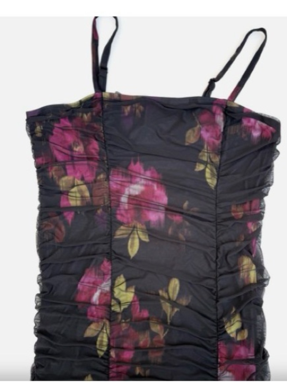Torrid Black Floral Ruched Midi Dress with Pink Accents -Super flattering!!! - Picture 5 of 12